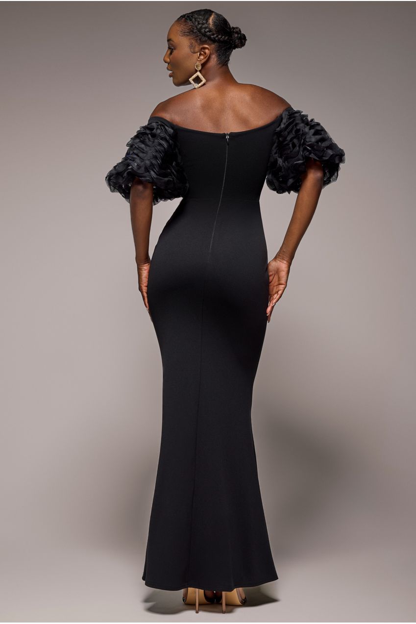 Goddiva Off The Shoulder 3D Puffed Sleeve Sweetheart Maxi Dress - Black