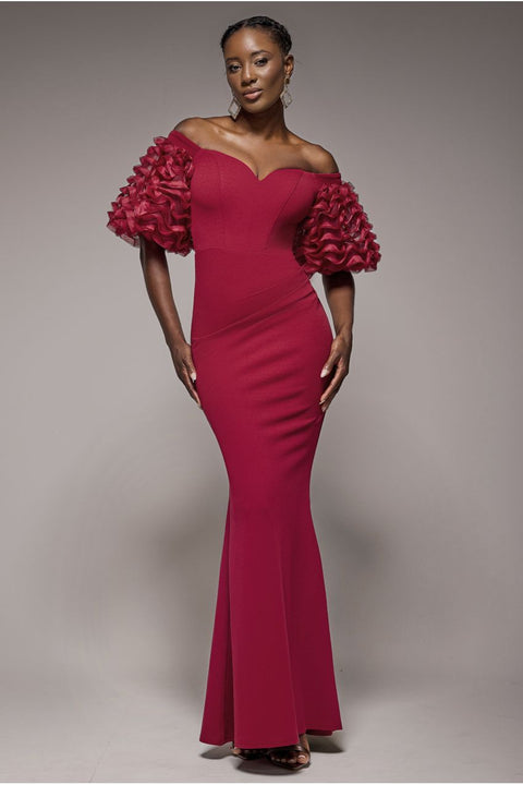 Goddiva Off The Shoulder 3D Puffed Sleeve Sweetheart Maxi Dress - Burgundy