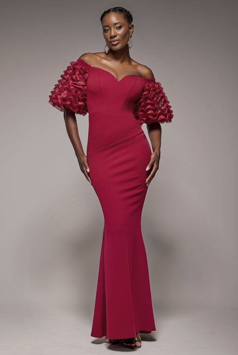 Goddiva Off The Shoulder 3D Puffed Sleeve Sweetheart Maxi Dress - Burgundy
