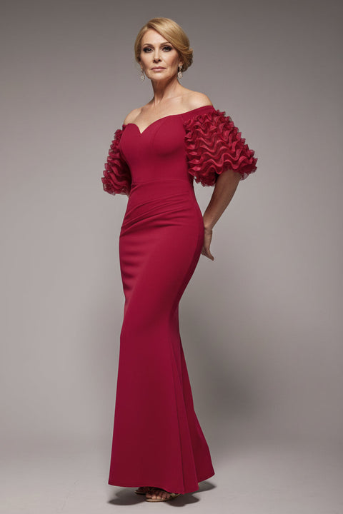 Goddiva Off The Shoulder 3D Puffed Sleeve Sweetheart Maxi Dress - Burgundy