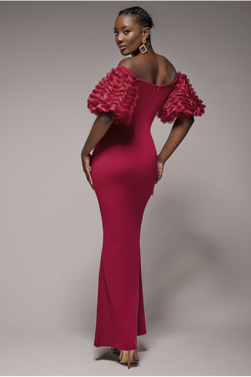 Goddiva Off The Shoulder 3D Puffed Sleeve Sweetheart Maxi Dress - Burgundy