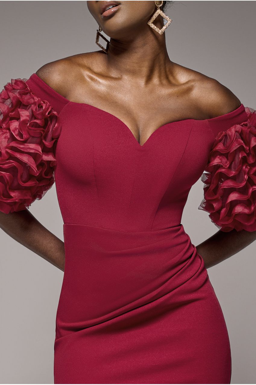 Goddiva Off The Shoulder 3D Puffed Sleeve Sweetheart Maxi Dress - Burgundy
