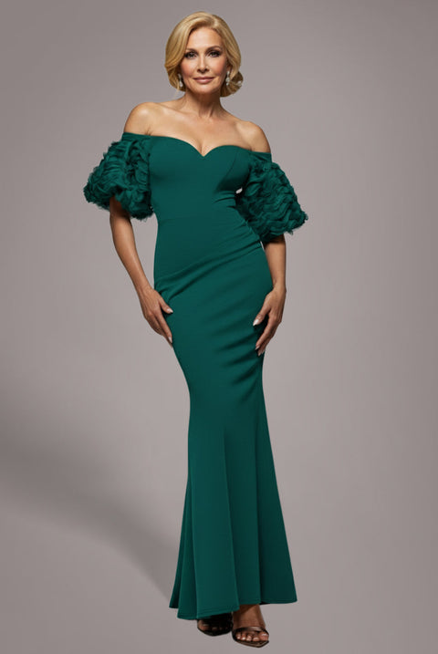 Goddiva Off The Shoulder 3D Puffed Sleeve Sweetheart Maxi Dress - Emerald Green