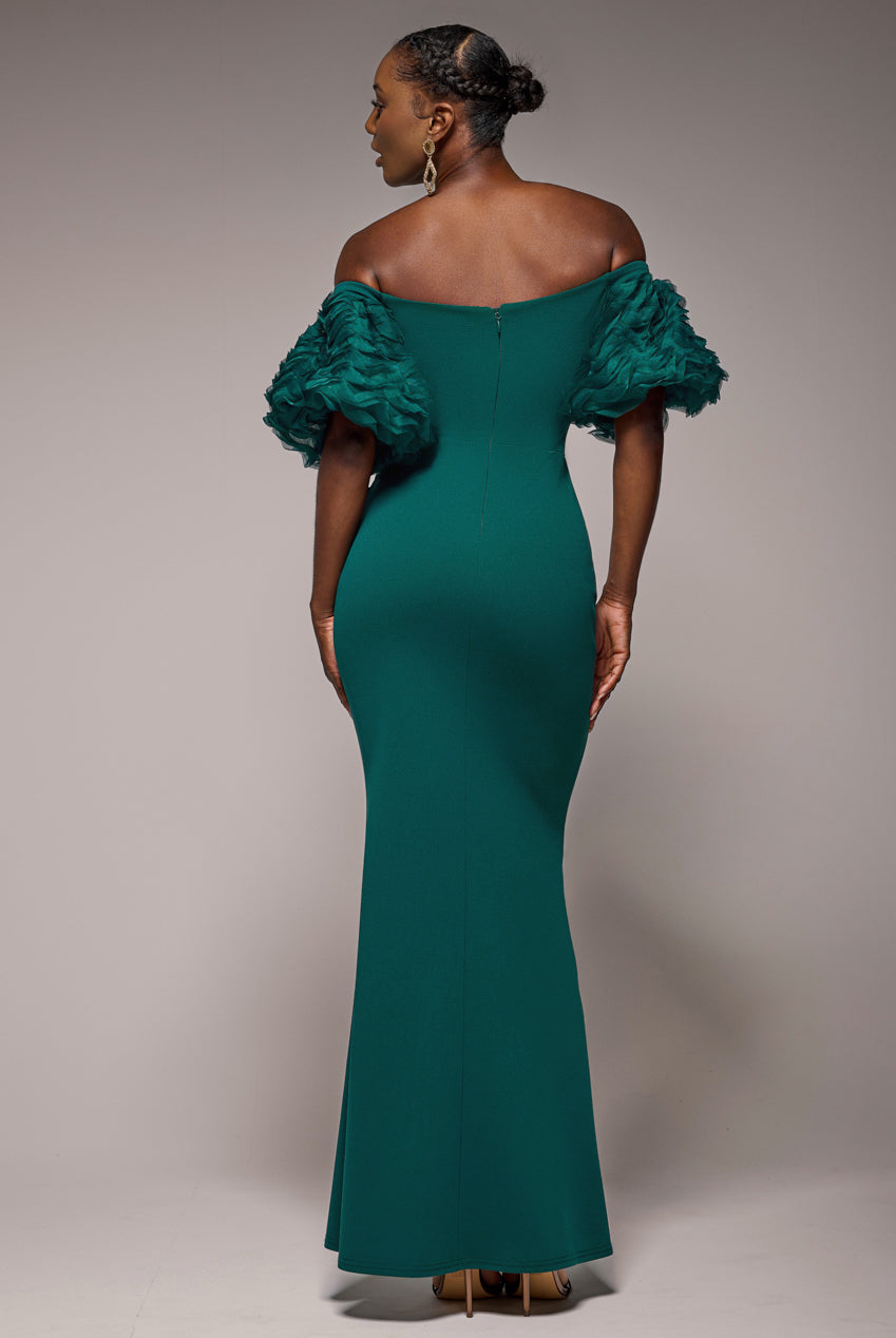Goddiva Off The Shoulder 3D Puffed Sleeve Sweetheart Maxi Dress - Emerald Green