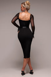 Goddiva Dobby Mesh Feather Sleeve Bodycon Midi Dress - Black