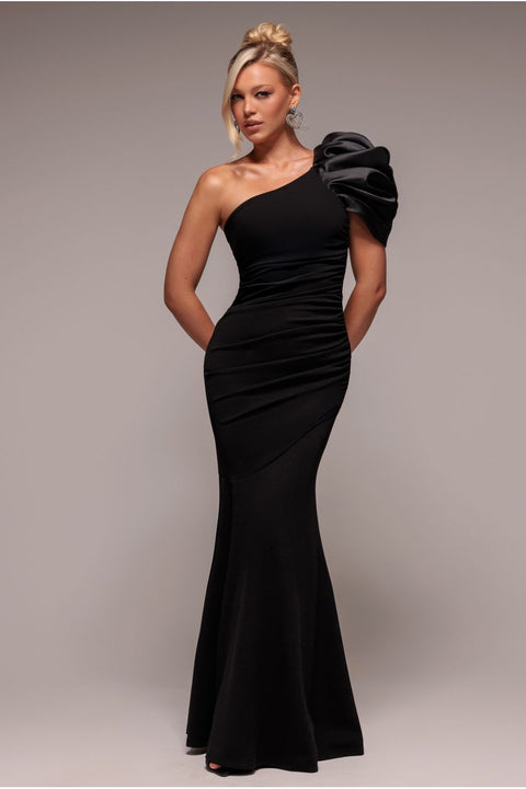 Goddiva One Shoulder Puffed Satin Sleeve Evening Maxi Dress - Black