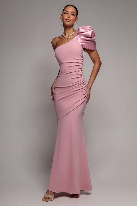 Goddiva One Shoulder Puffed Satin Sleeve Evening Maxi Dress - Blush Pink
