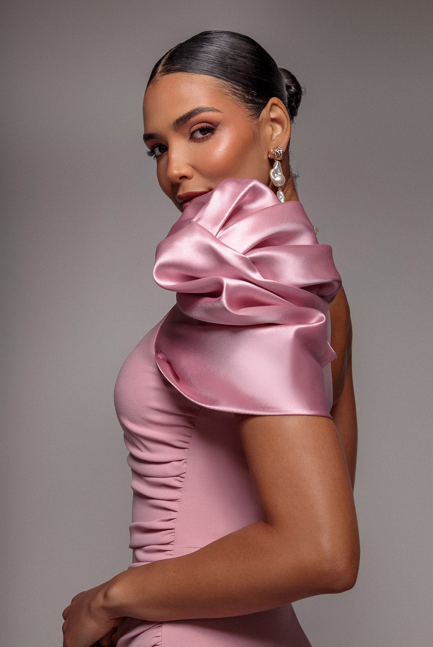 Goddiva One Shoulder Puffed Satin Sleeve Evening Maxi Dress - Blush Pink