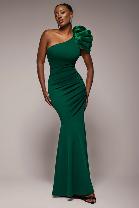 Goddiva One Shoulder Puffed Satin Sleeve Evening Maxi Dress - Emerald Green