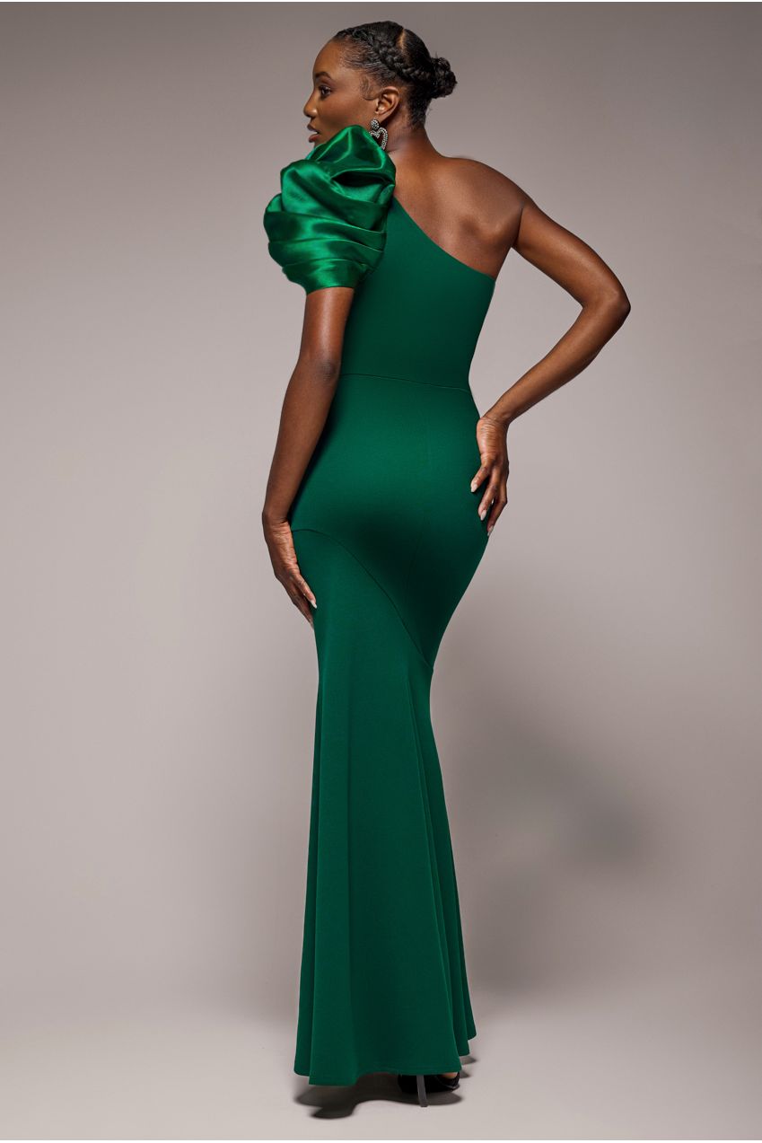 Goddiva One Shoulder Puffed Satin Sleeve Evening Maxi Dress - Emerald Green