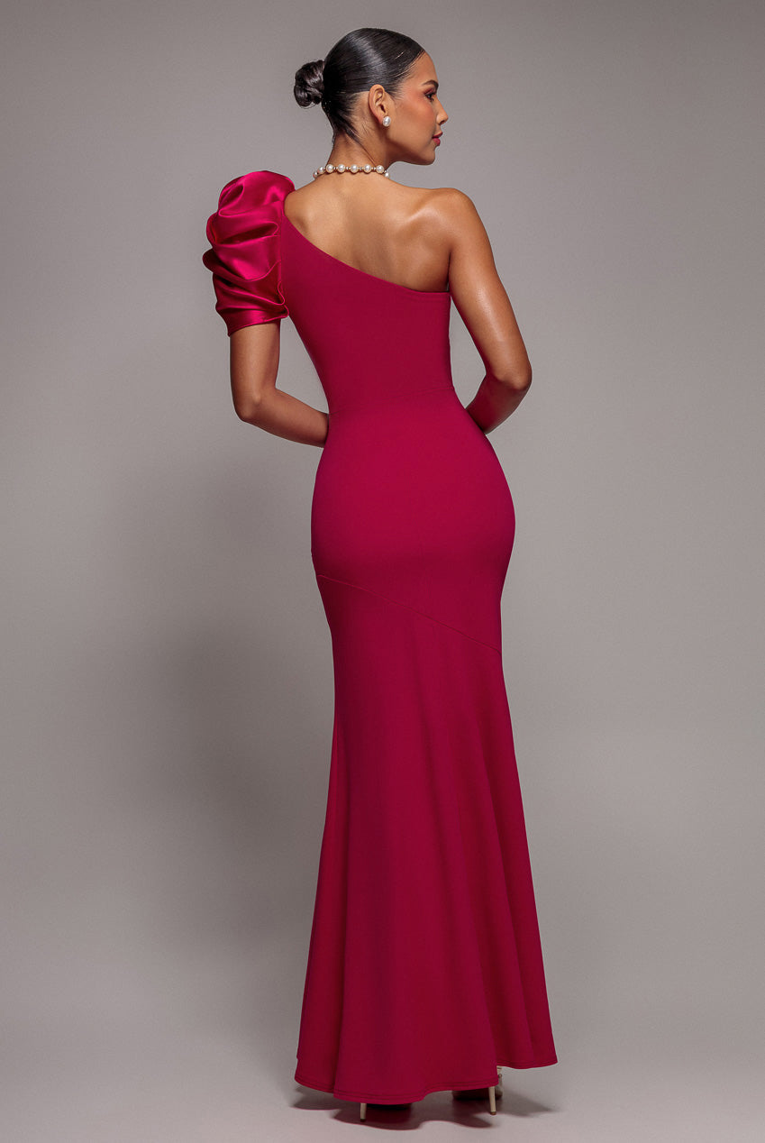 Goddiva One Shoulder Puffed Satin Sleeve Evening Maxi Dress - Magenta