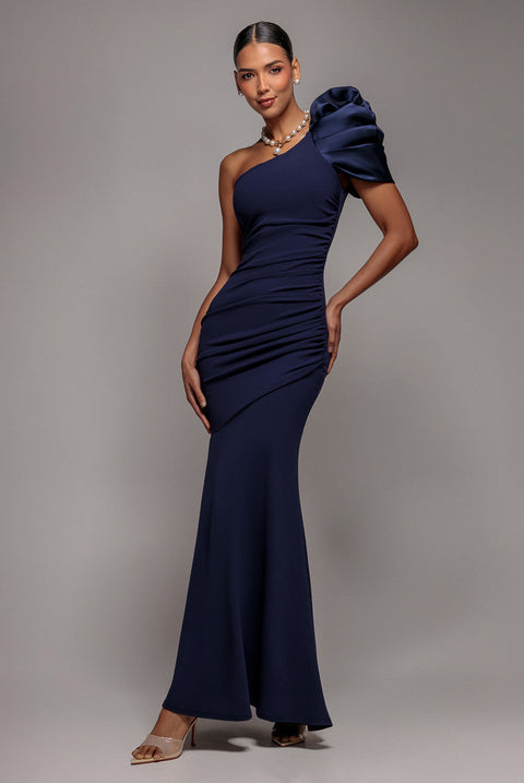Goddiva One Shoulder Puffed Satin Sleeve Evening Maxi Dress - Navy Blue