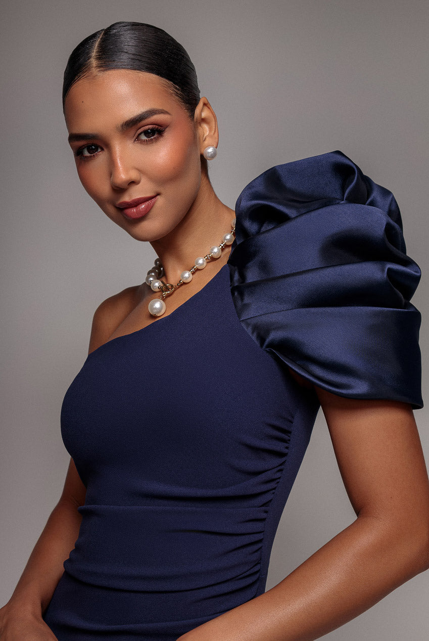 Goddiva One Shoulder Puffed Satin Sleeve Evening Maxi Dress - Navy Blue