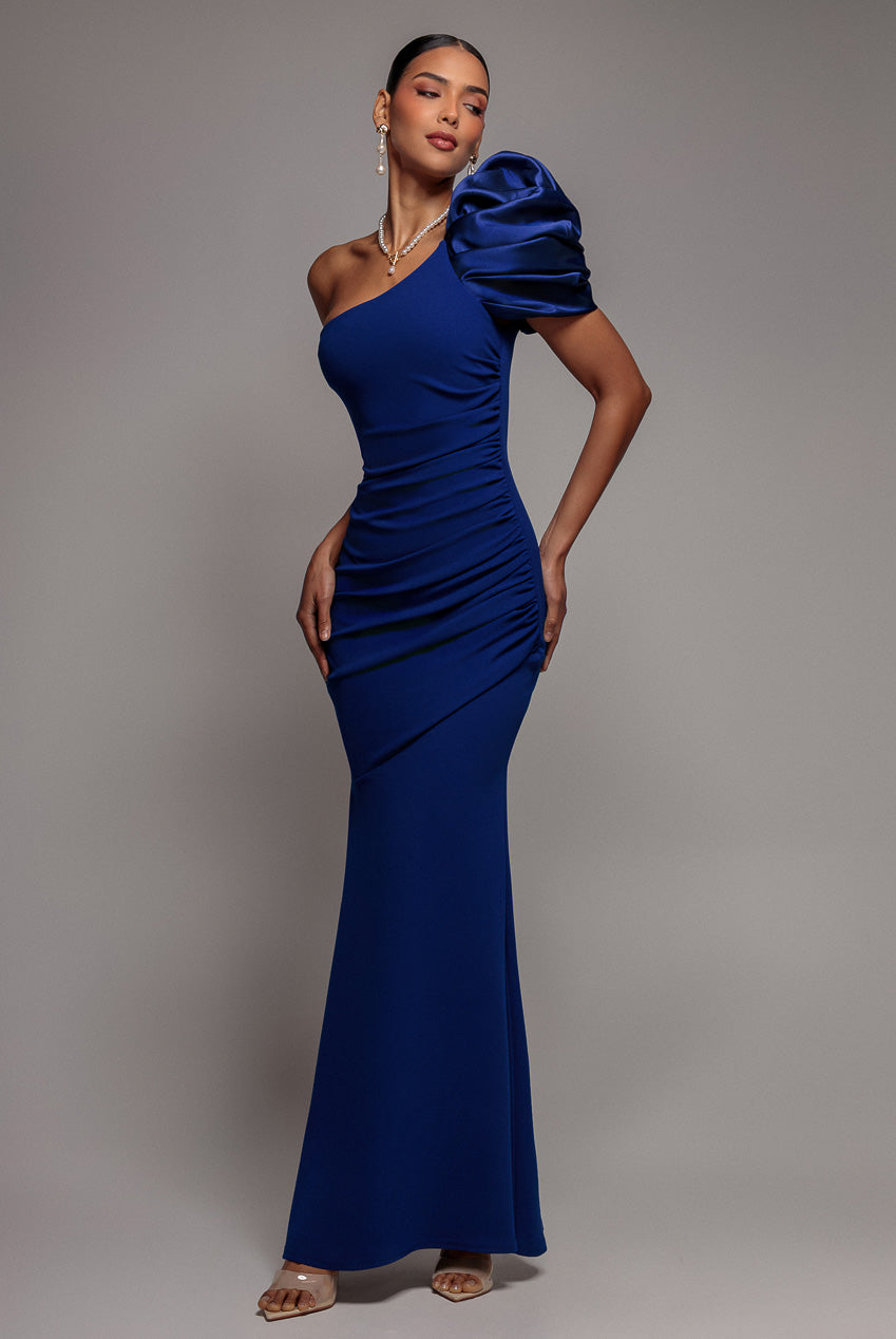 Goddiva One Shoulder Puffed Satin Sleeve Evening Maxi Dress - Royal Blue