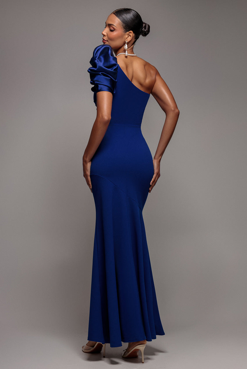 Goddiva One Shoulder Puffed Satin Sleeve Evening Maxi Dress - Royal Blue