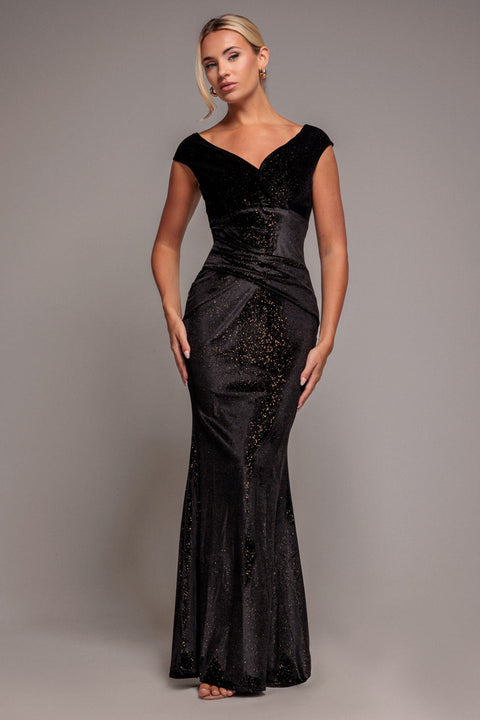 Goddiva Shimmer Velvet Bardot Maxi Dress - Black Gold