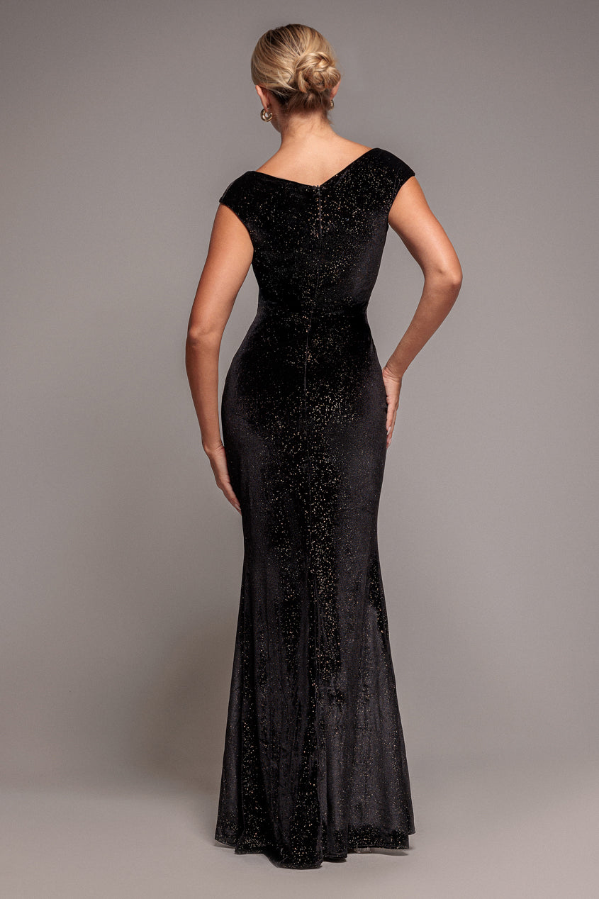 Goddiva Shimmer Velvet Bardot Maxi Dress - Black Gold