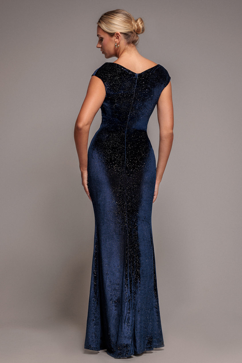 Goddiva Shimmer Velvet Bardot Maxi Dress - Navy