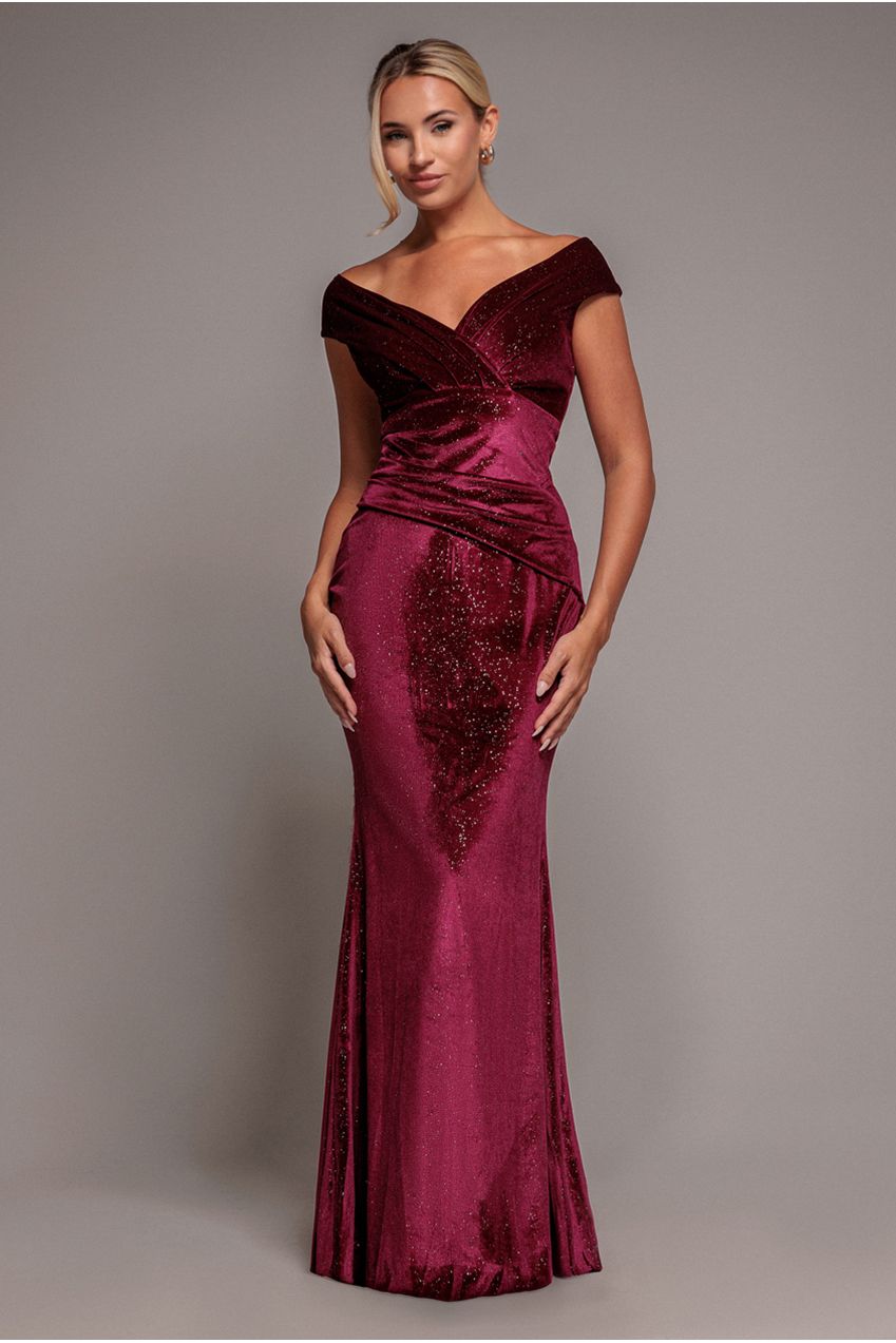 Goddiva Shimmer Velvet Bardot Maxi Dress - Wine