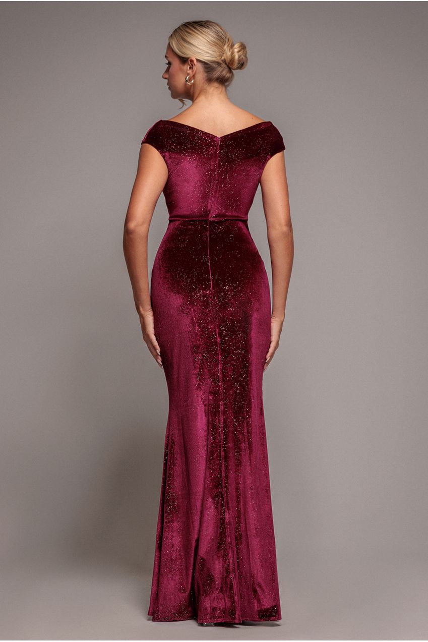 Goddiva Shimmer Velvet Bardot Maxi Dress - Wine