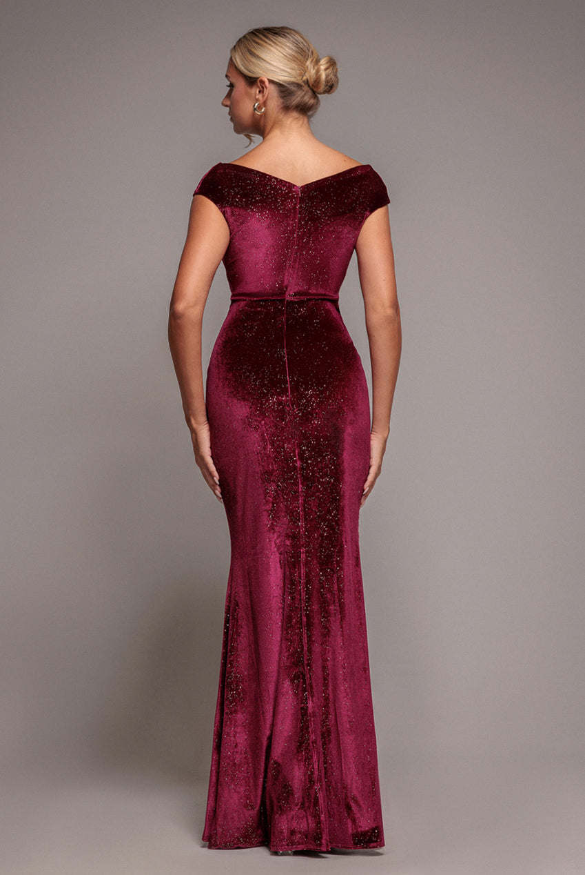 Goddiva Shimmer Velvet Bardot Maxi Dress - Wine