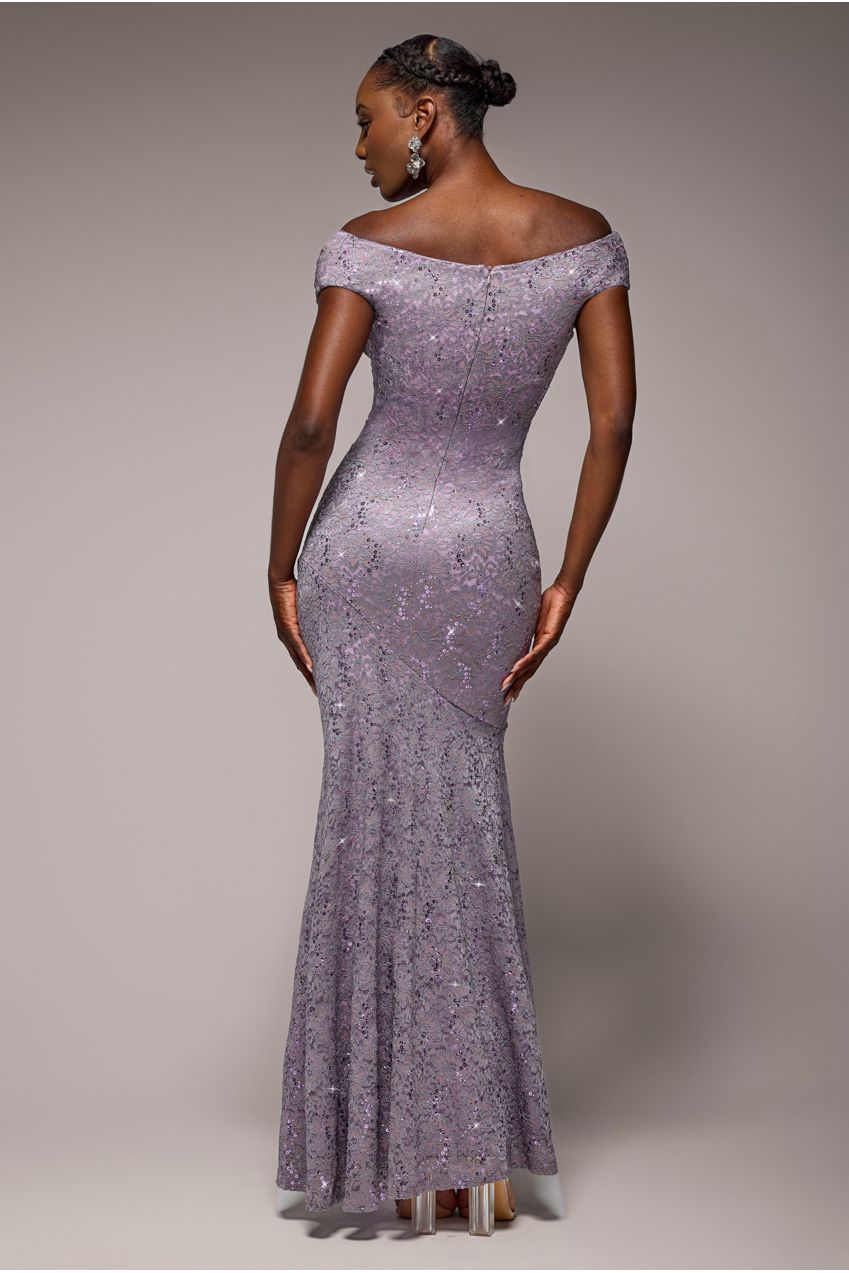 Goddiva Cowl Neck Sequin Lace Maxi Dress - Dusky Purple