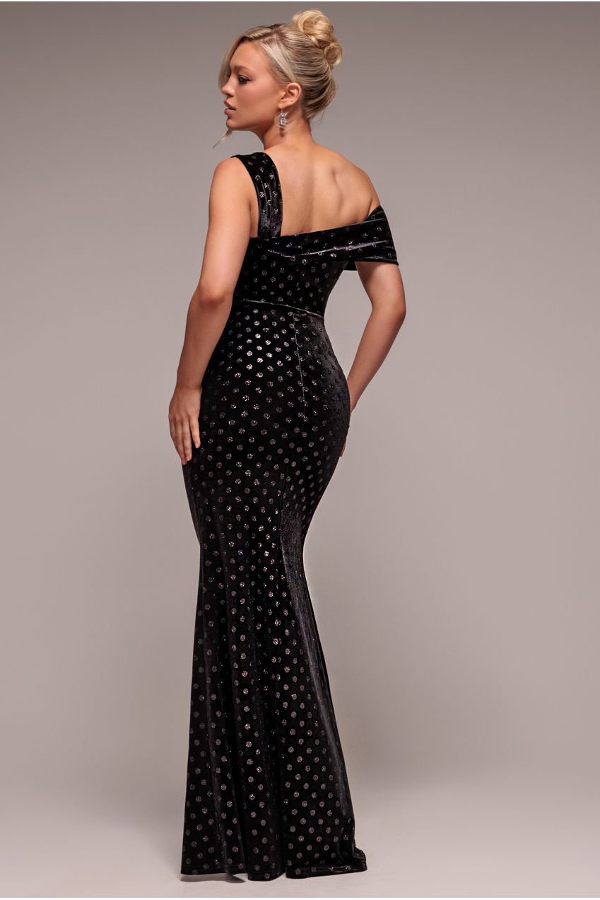 Goddiva Glitter Polka Dot Velvet One Shoulder Maxi Dress - Black