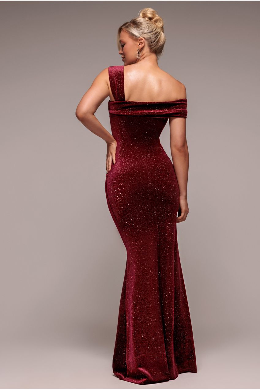 Goddiva Glitter Polka Dot Velvet One Shoulder Maxi Dress - Wine
