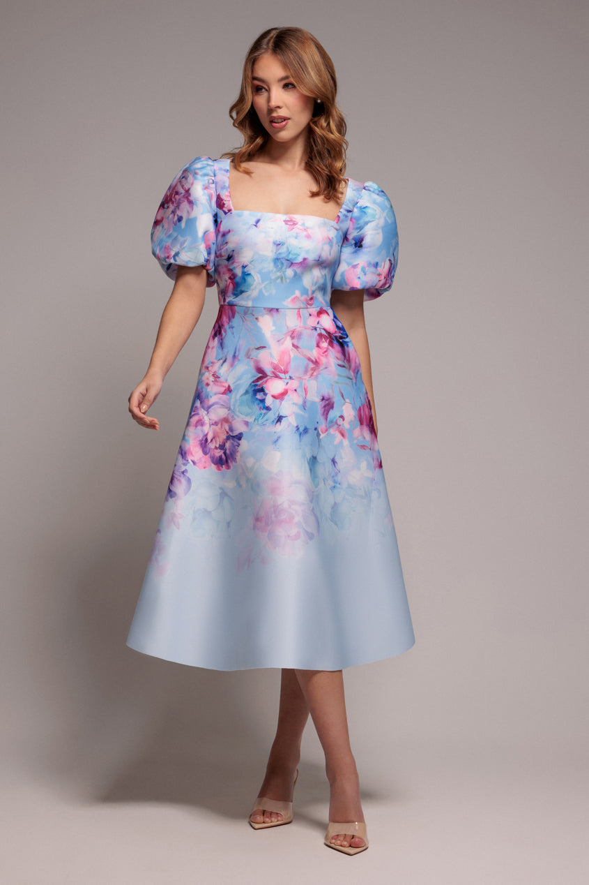 Goddiva Printed Scuba Square Neck Puff Sleeve Midi Dress - Blue