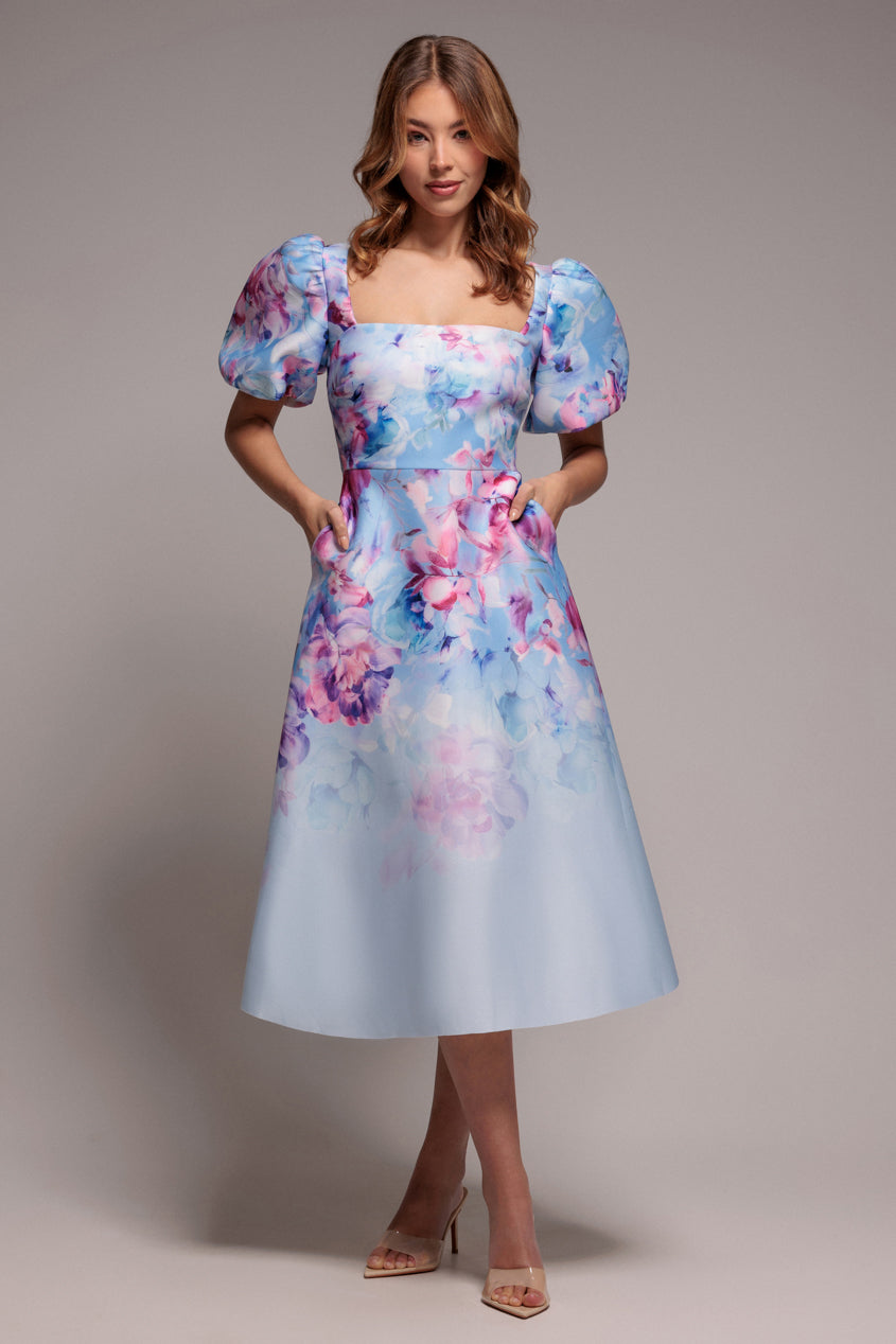 knee length dresses for ladies Square Neck Puff Sleeve Ruched Bust Midi Dress, White / Xs