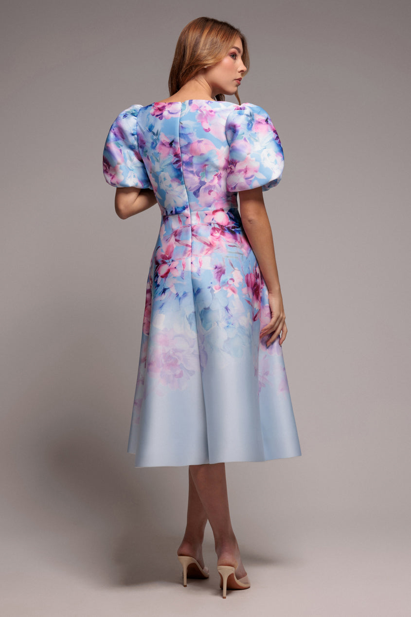 Goddiva Printed Scuba Square Neck Puff Sleeve Midi Dress - Blue