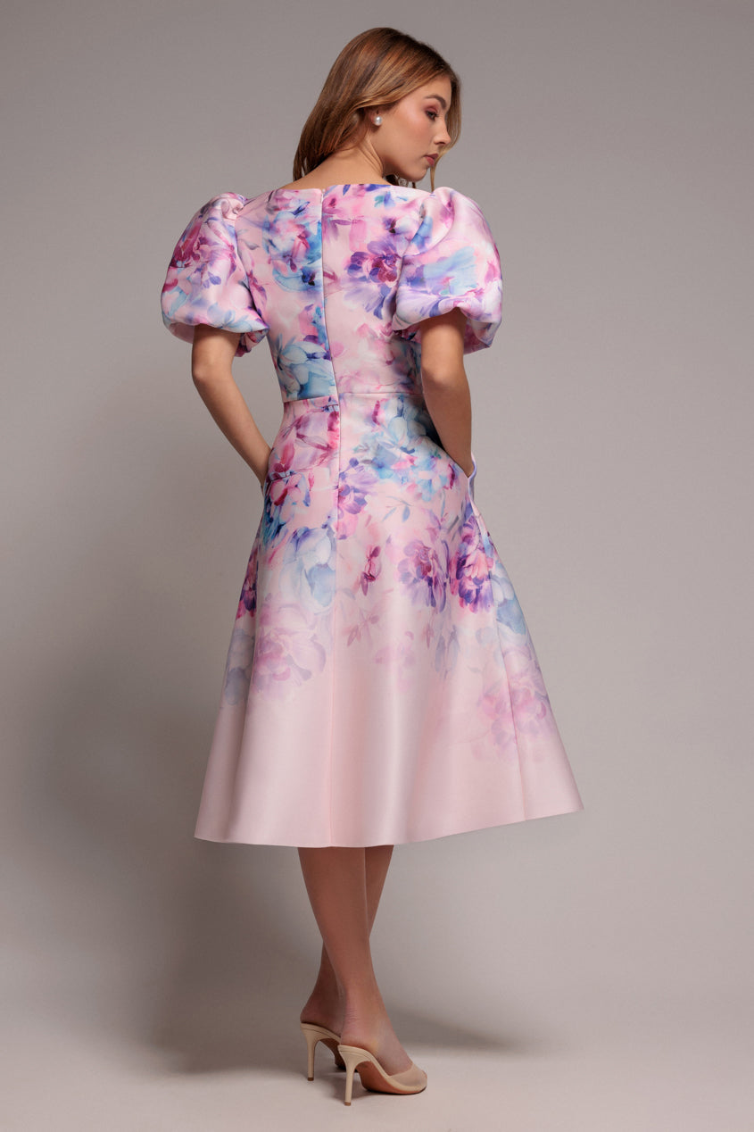Goddiva Printed Scuba Square Neck Puff Sleeve Midi Dress - Blush Pink
