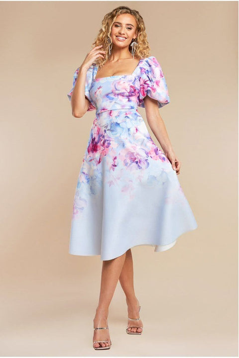 Goddiva Printed Scuba Square Neck Puff Sleeve Midi Dress - Blue