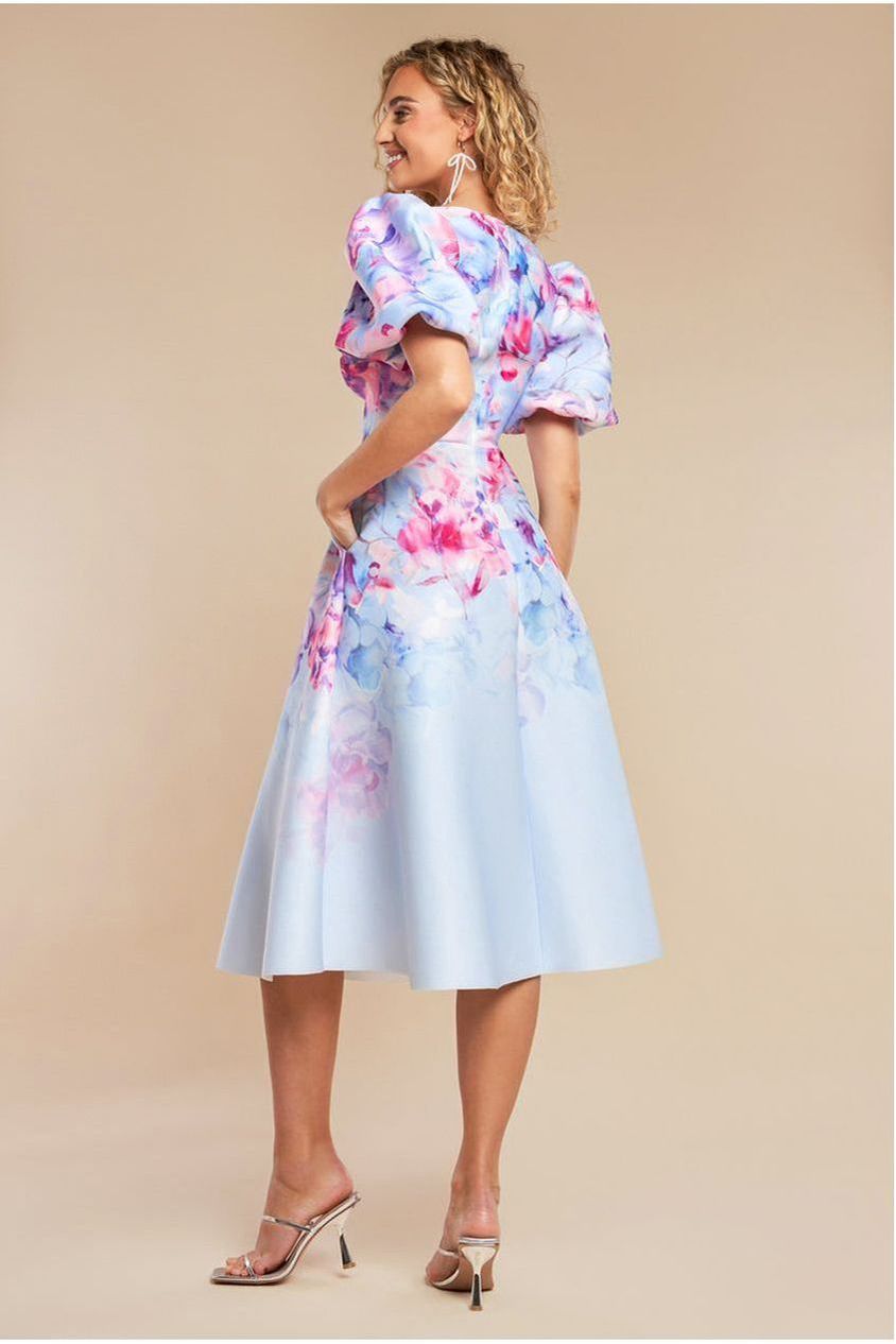 Goddiva Printed Scuba Square Neck Puff Sleeve Midi Dress - Blue