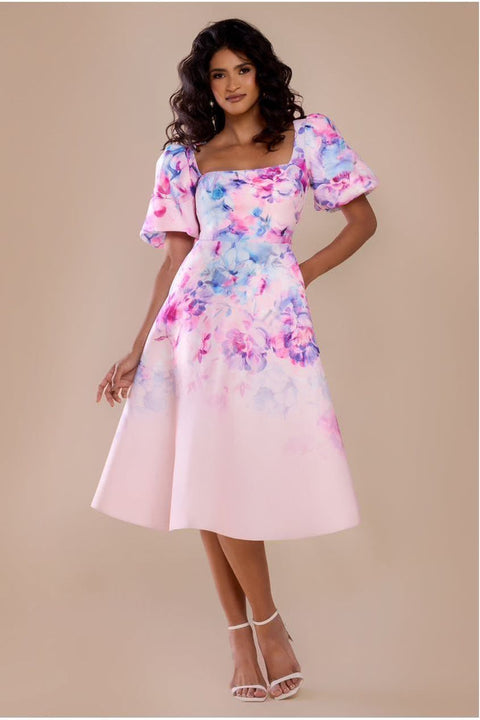 Goddiva Printed Scuba Square Neck Puff Sleeve Midi Dress - Blush Pink