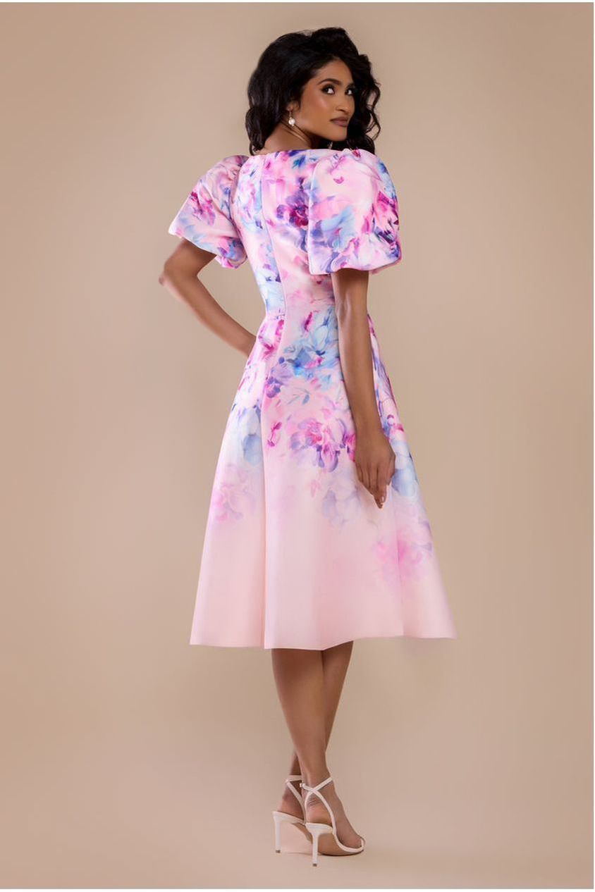 Goddiva Printed Scuba Square Neck Puff Sleeve Midi Dress - Blush Pink