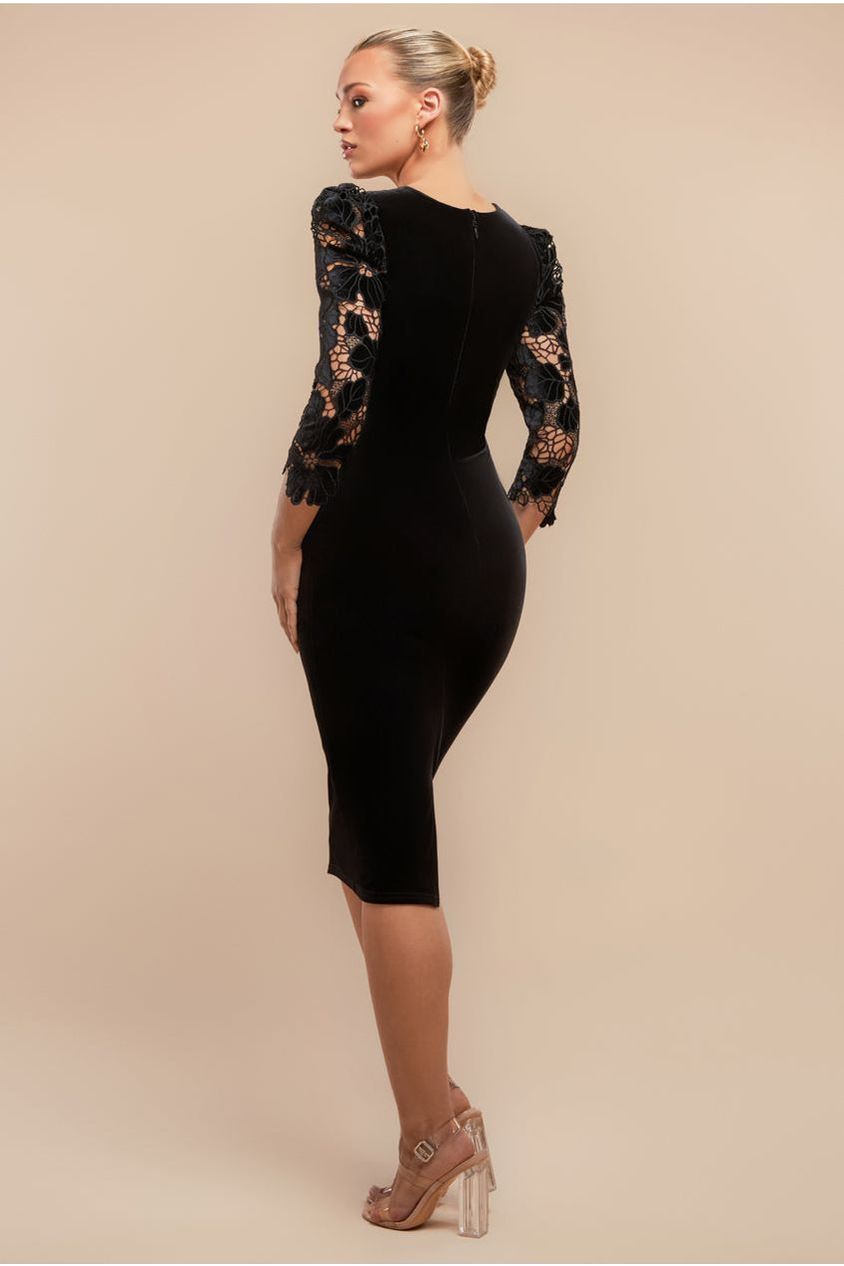 Goddiva Scalloped Crochet & Velvet Midi Dress - Black