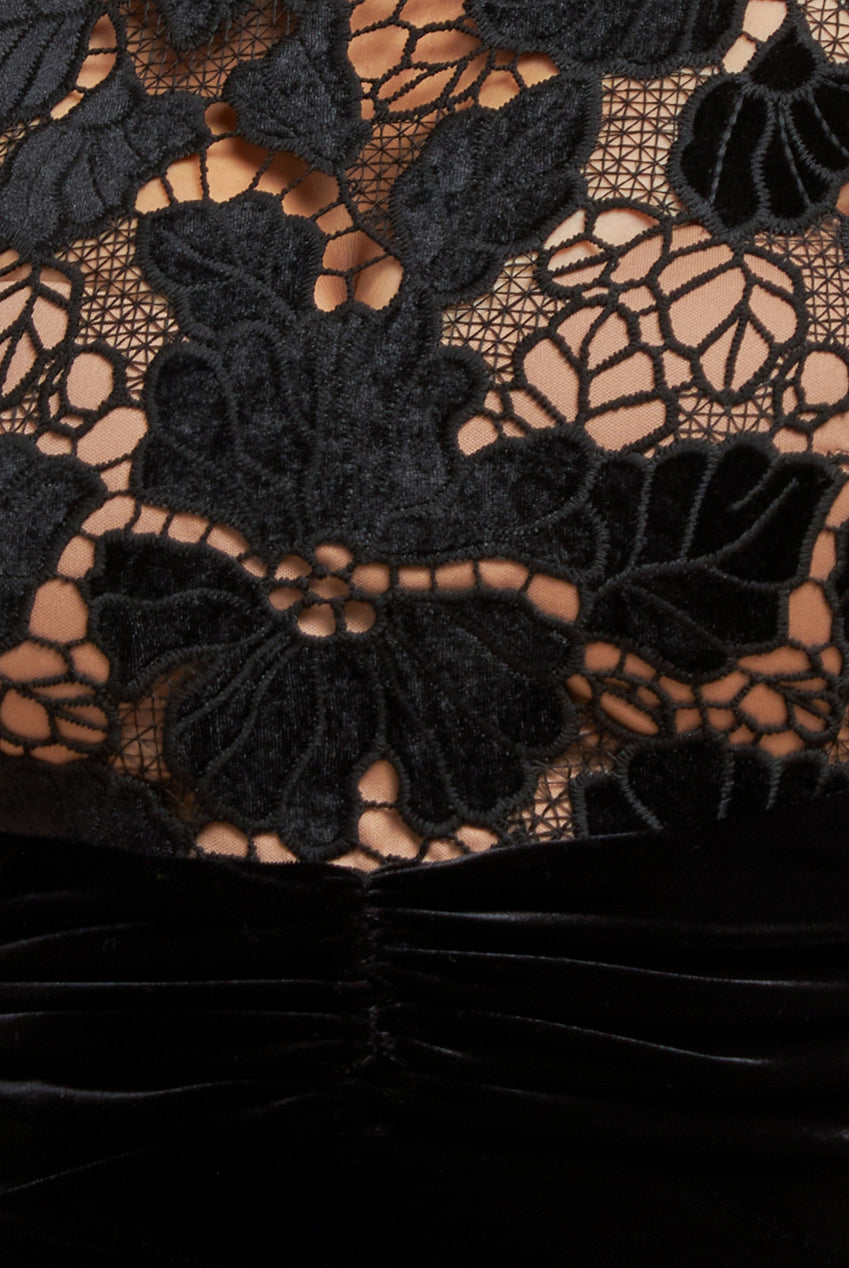 Goddiva Scalloped Crochet & Velvet Midi Dress - Black