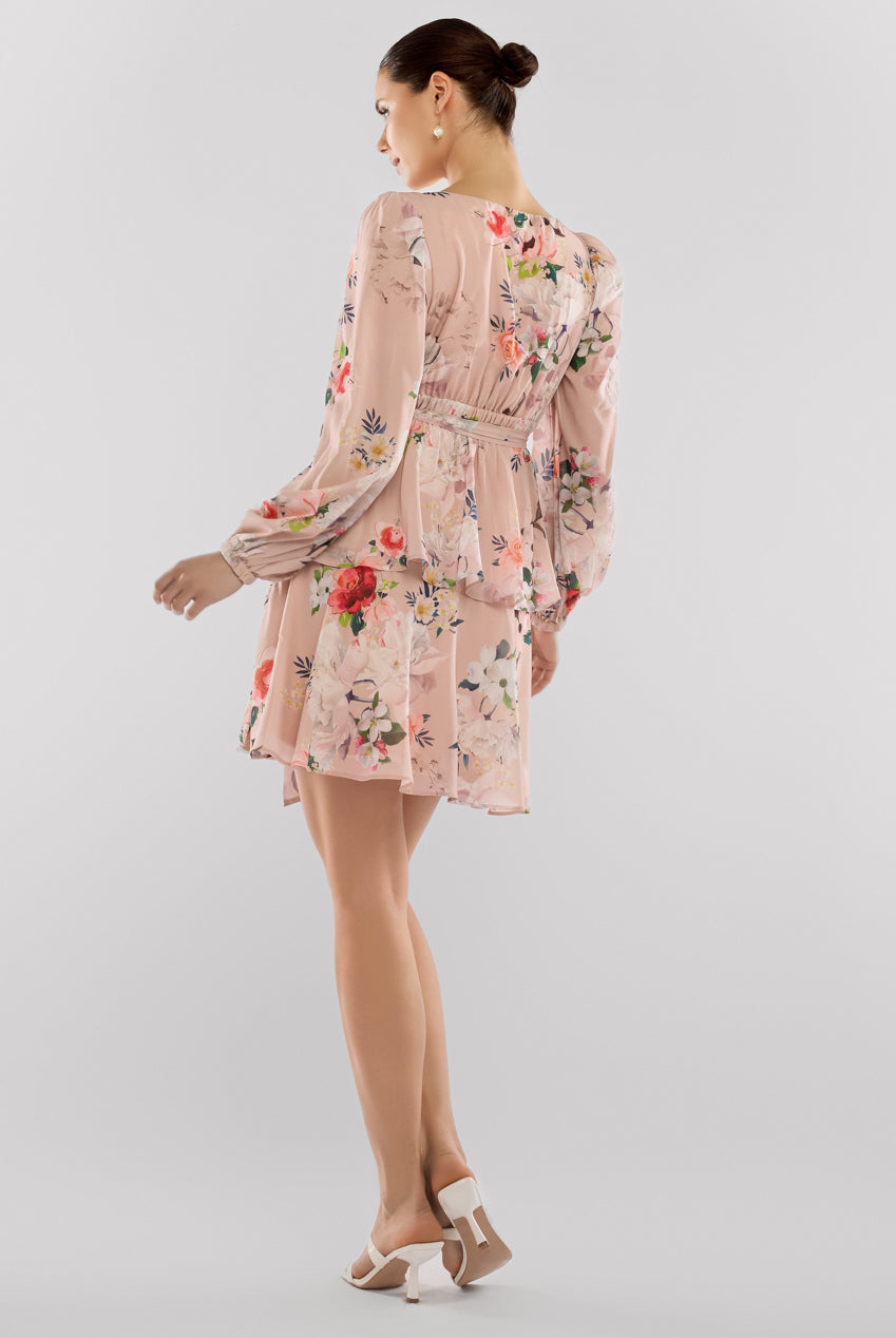 Goddiva Sustainable Tiered Wrap Floral Mini Dress - Peach Floral