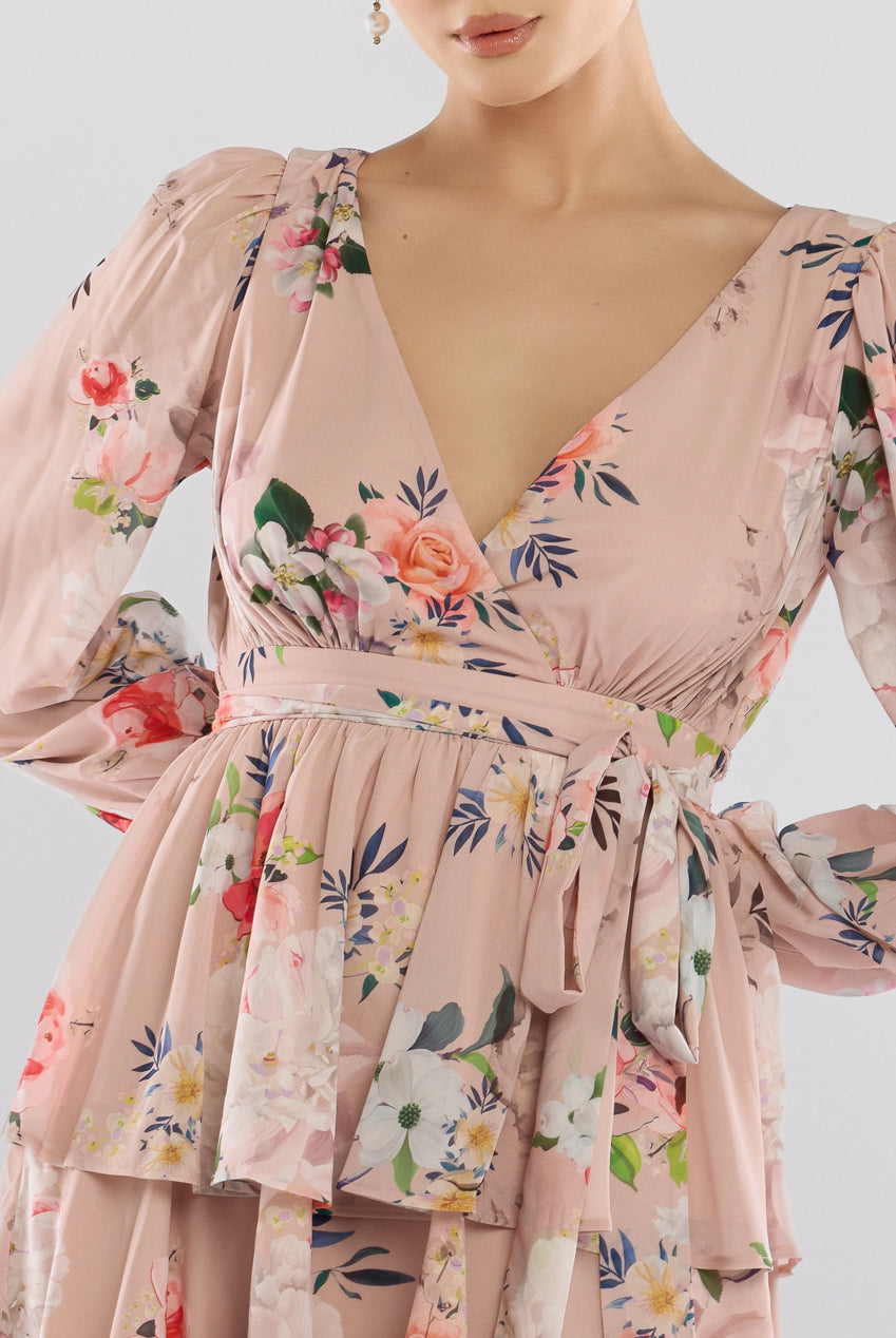 Goddiva Sustainable Tiered Wrap Floral Mini Dress - Peach Floral