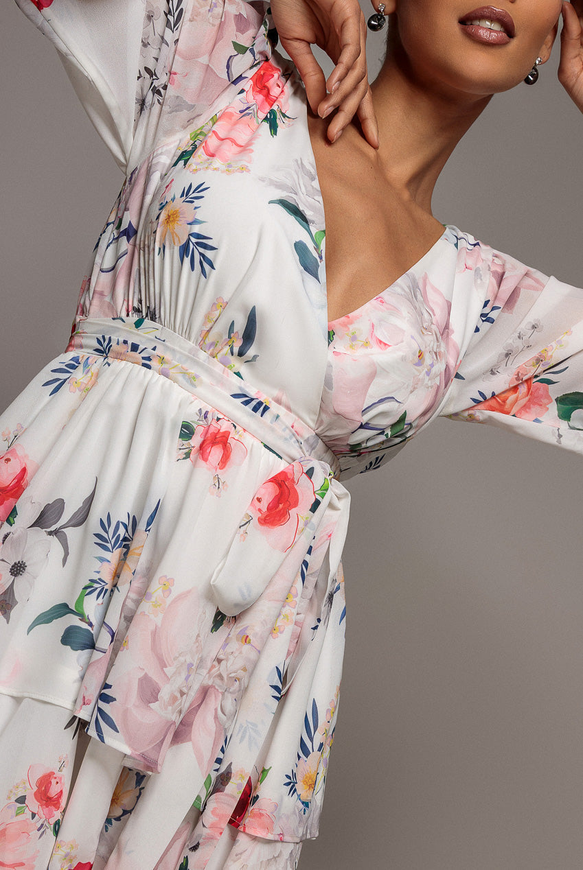 Goddiva Sustainable Tiered Wrap Floral Mini Dress - White Floral