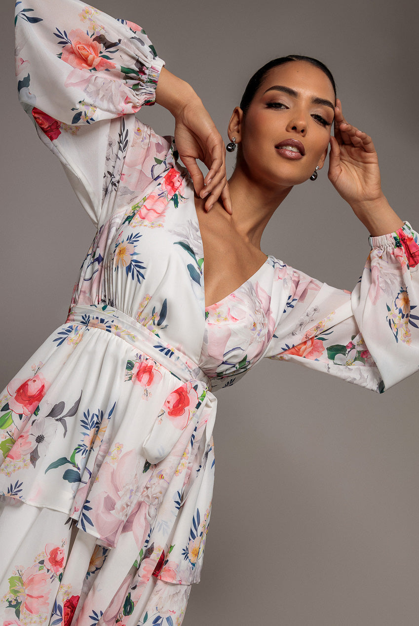 Goddiva Sustainable Tiered Wrap Floral Mini Dress - White Floral