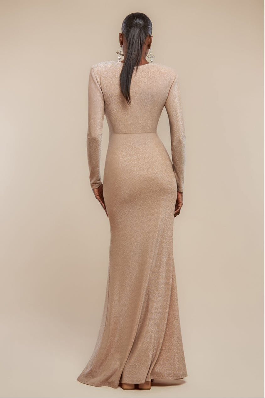 Goddiva Front Wrap Lurex Bodycon Maxi Dress - Nude