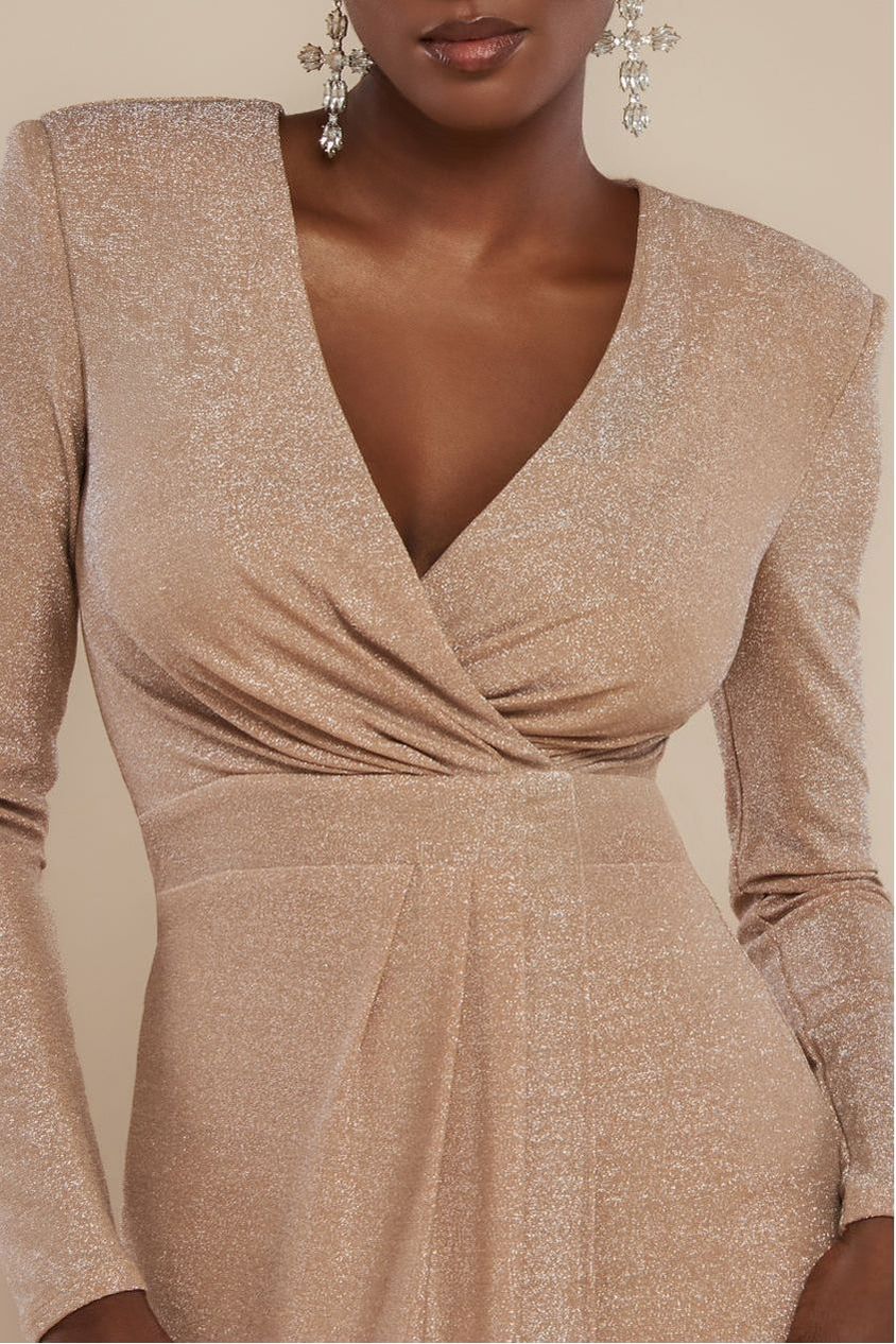 Goddiva Front Wrap Lurex Bodycon Maxi Dress - Nude