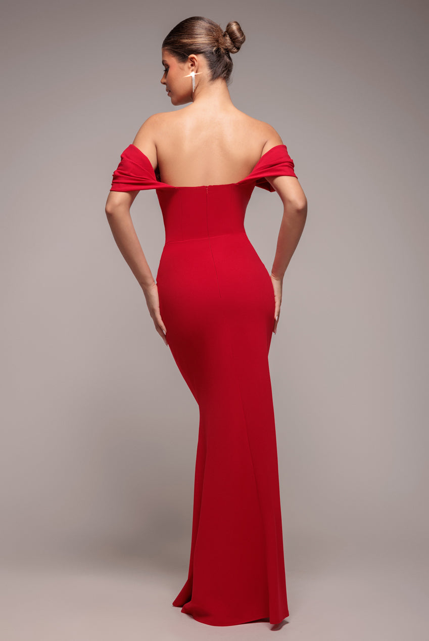 Goddiva Diamante Heart Trim Evening Maxi Dress - Red