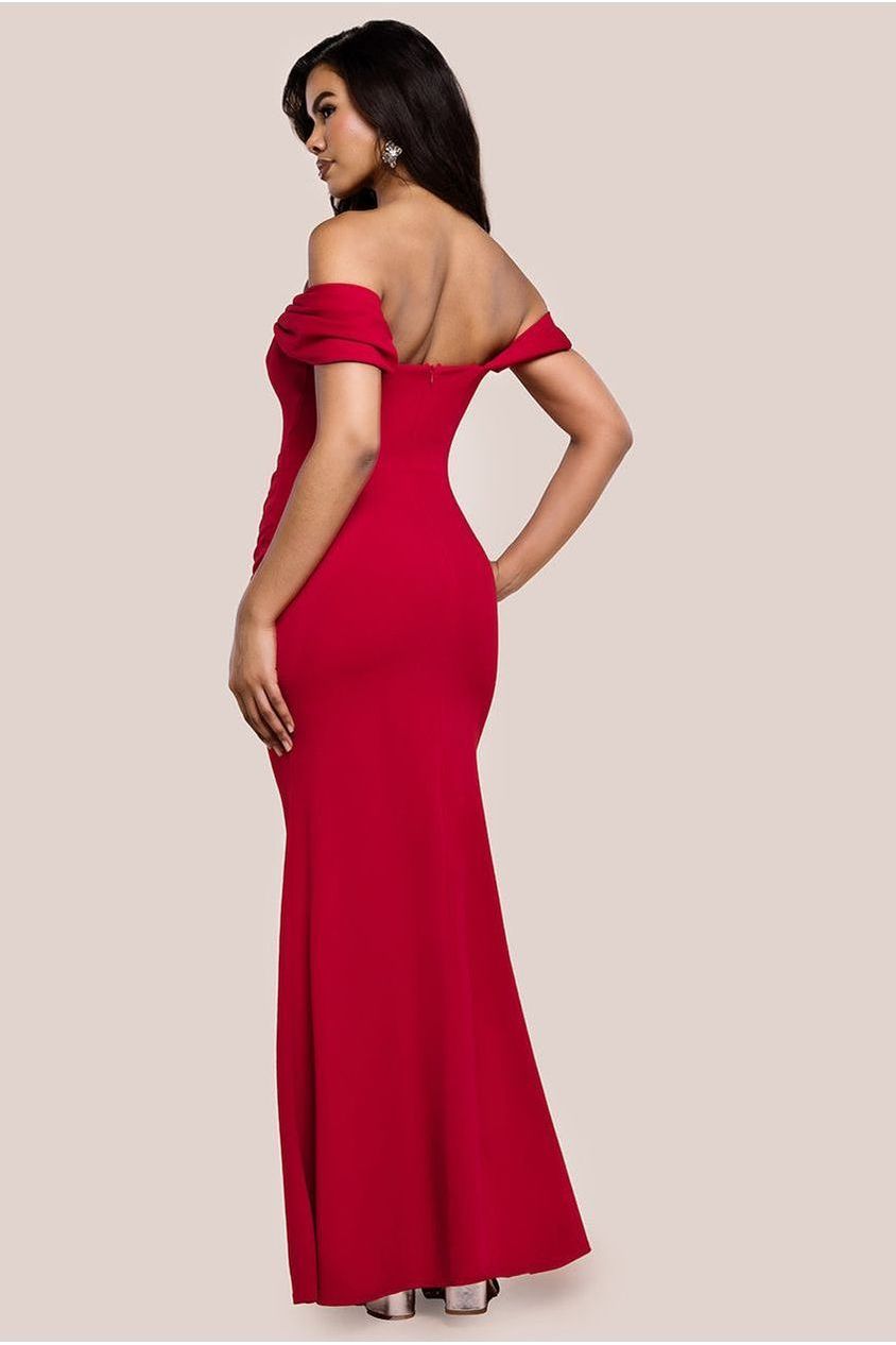 Goddiva Diamante Heart Trim Evening Maxi Dress - Red