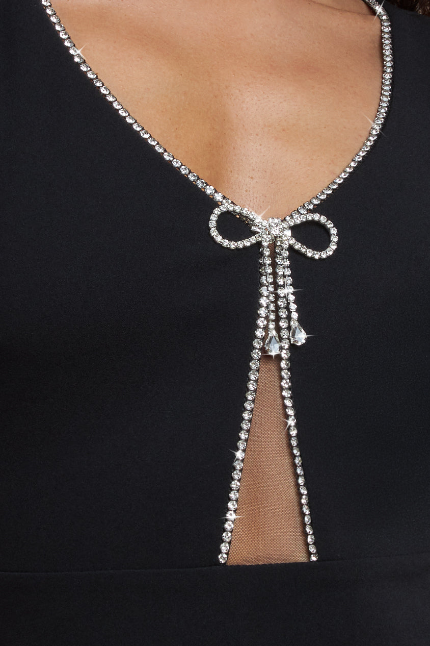 Goddiva Diamante Embellished Bow Scuba Crepe Maxi Dress - Black