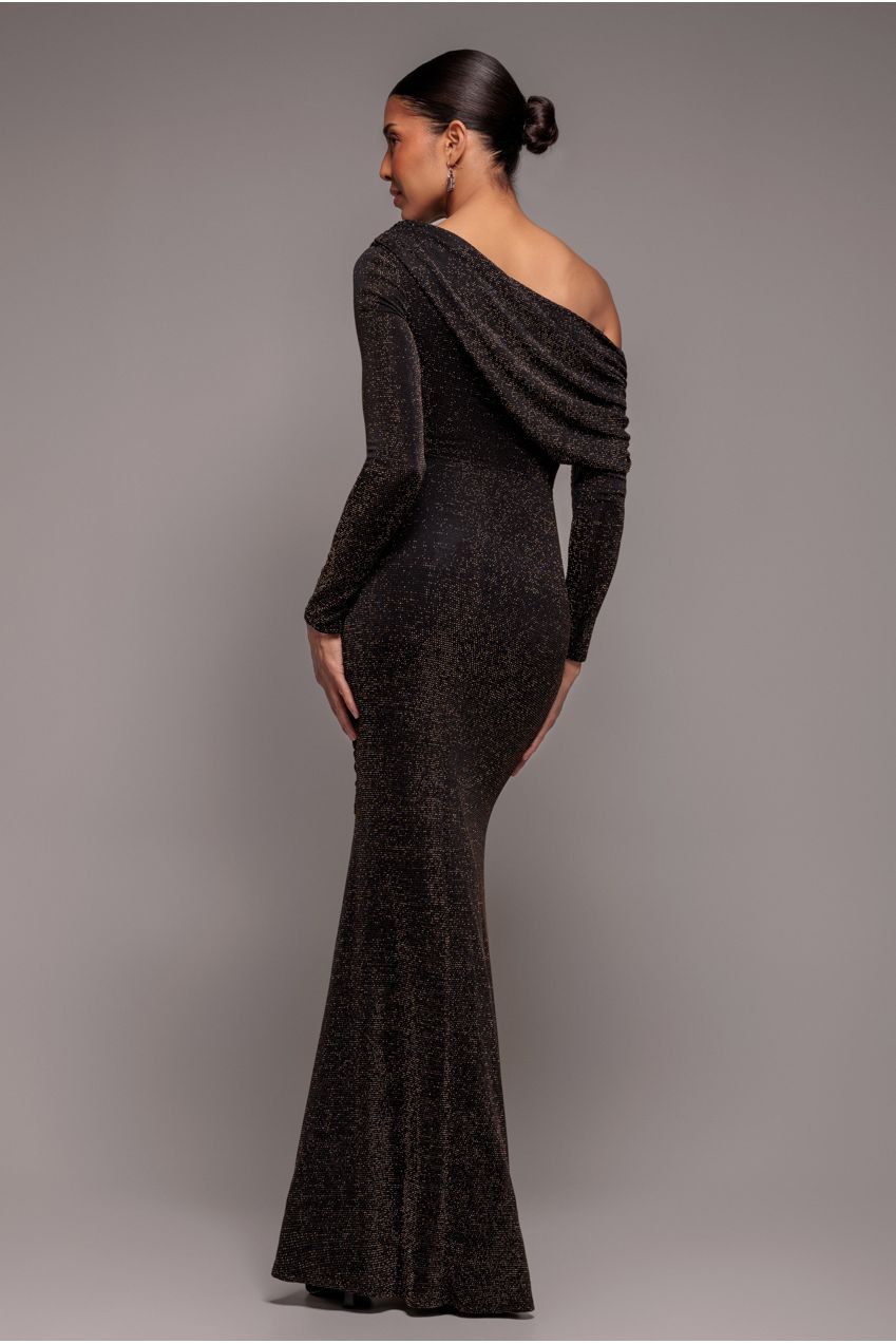 Goddiva Off The Shoulder Gathered Panel Sparkle Lurex Maxi Dress - Black Gold