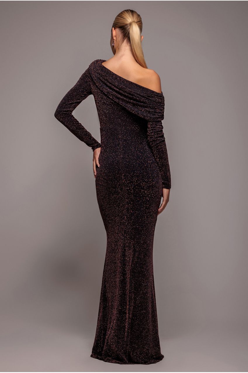 Goddiva Off The Shoulder Gathered Panel Sparkle Lurex Maxi Dress - Black Rose