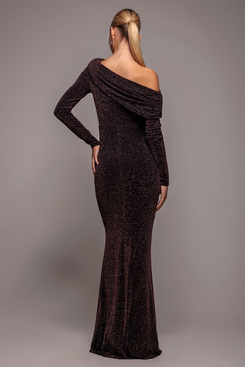 Goddiva Off The Shoulder Gathered Panel Sparkle Lurex Maxi Dress - Black Rose